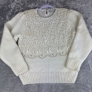 Dana‎ Ashley Knit Sweater Women's Small White Lace Pearls Cottagecore (1167)